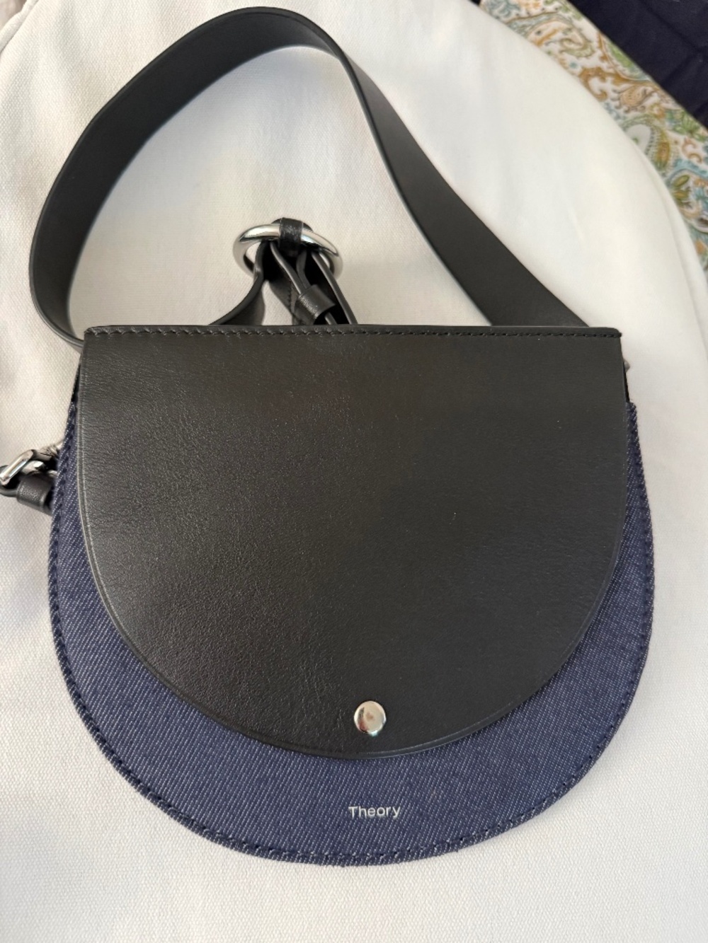 Theory Leather and Denim Belt Bag Waist Crossbody Fanny Pack Black Navy
